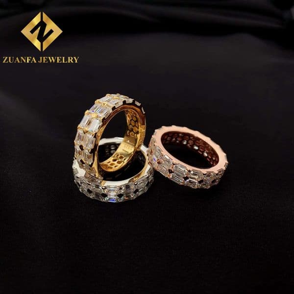 Fashion Jewelry Double Row Emerald Moissanite Diamond Eternity Bands Custom 925 Silver Hip Hop Engagement Rings