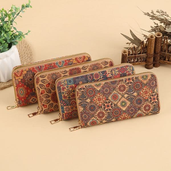 5pcs Wallets Women Cork Leather National Circle Printing Multifunctional Long Card Holder Mix Color