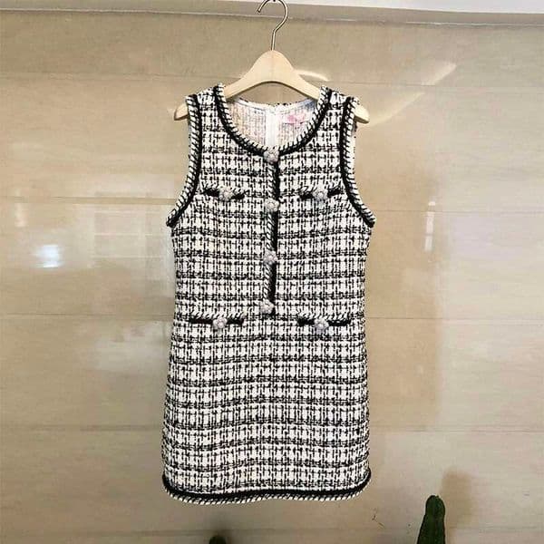 Short Tweed Dresses Women Summer Autumn Small Fragrant Coarse Ral Knitted Vest Tank Crystal Party Vestidos