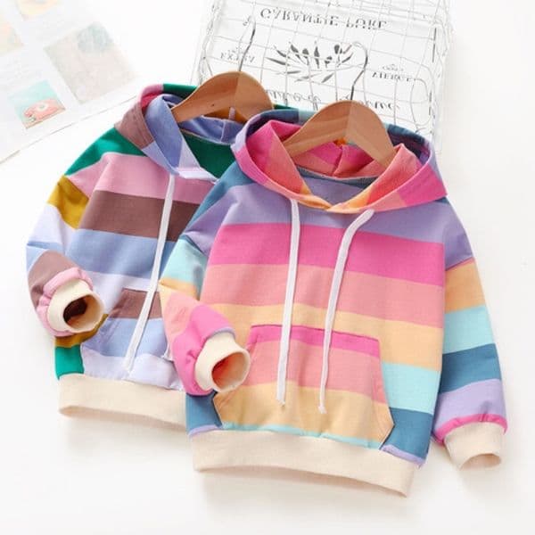 Ddmyshoesvip New Korean Version Of Autumn Hoodie For Girls Rainbow Striped Baby Cotton Top Trendy Pullover For Small And Medium Sized Children