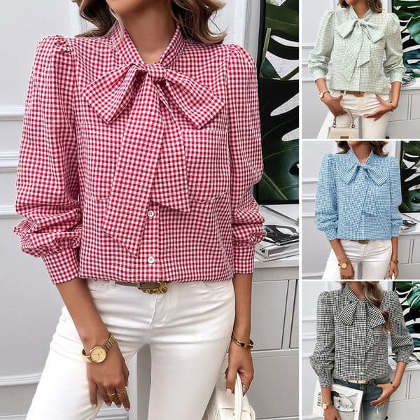 Phantasy retro womens shirt bow lace office top pocket casual checkered 2024 autumn streetwear 250422
