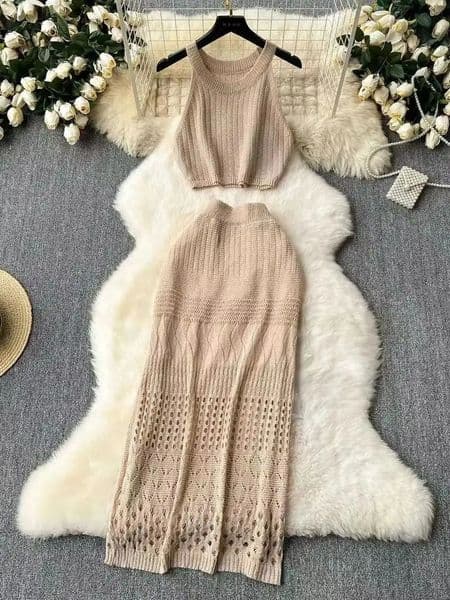Knitted Solid Color Tank Top Texture Splicing Dress Womens Beach Sunscreen Dress Hollow Beach Dress 250430BJ