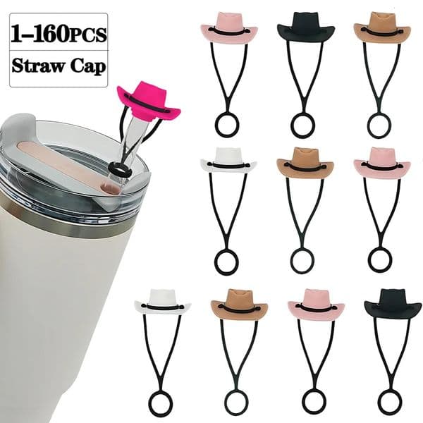 1-160PCS Silicone Cowboy Hat Straw Cap Cute Hat Shape Straw Topper Reusable Straw Tip Protector Cap Mug Accessory Gift Straw Cap 250429