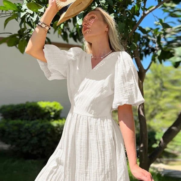 Plain weave 100% cotton Gauze womens long dress sexy V-neck sweet foam sleeve bandage chic and elegant party beach sun skirt 250430BJ