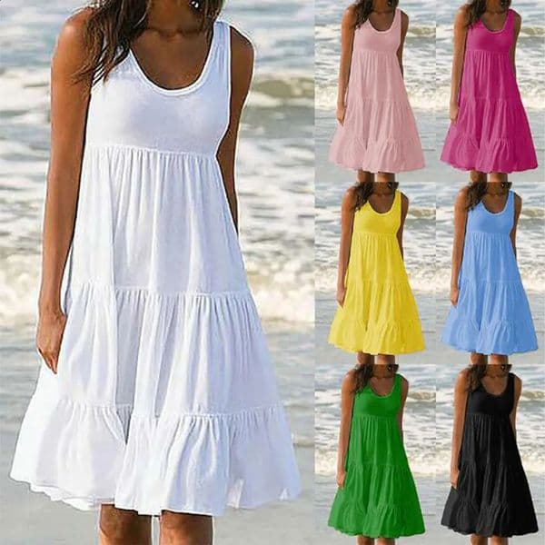 Jocoo Jolee Womens Tight O-neck Ruffless Mini Dress Bohemian Solid Beach Sun Skirt Oversized Loose Dress Summer 250428