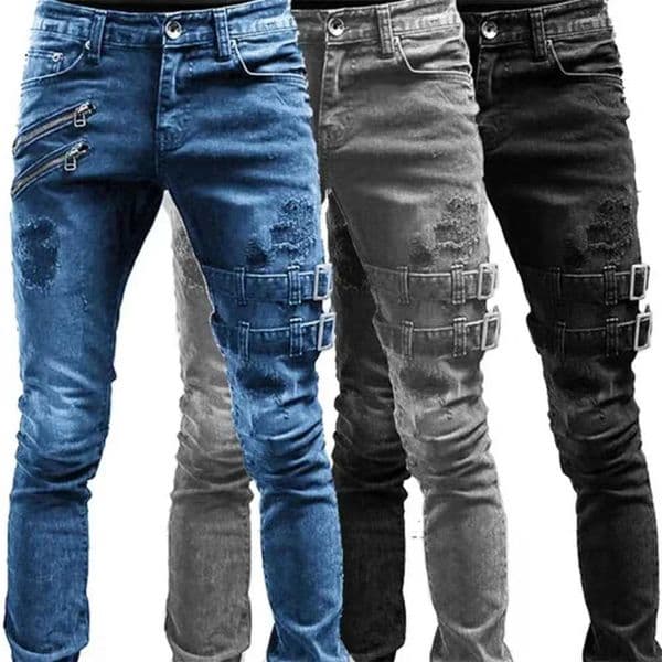Retro Moto Biker Straight Elastic Jeans Men Zipper Hole Streetwear Punk Skinny Denim Cargo Pants Pantalones Hombre Y2K Clothing Z250505