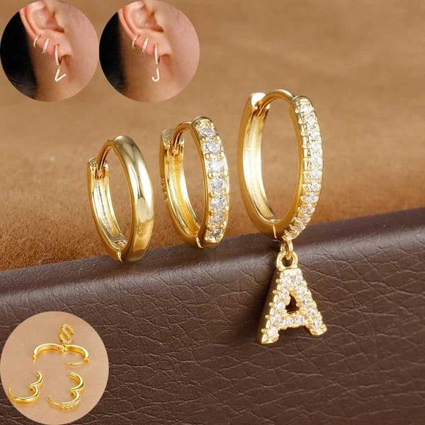 3-piece Tren stainless steel initial A-Z letter ring earring set suitable for womens fashionable embrace cartoon spiral perforated jewelryXJ250505