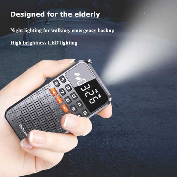 Bluetooth 5.0 Portable FM Mini Radio Dual Antenna Pocket Radio Receiver Speaker TF Card Music Player with LED Flashlight X2505051