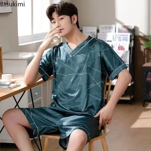 Mens pajamas short sleeved summer ice silk home clothing mens casual thin open collar set 250427