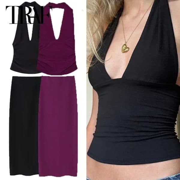 TRAF Purple Black Leather Set Womens Two Piece Crop Strap Collar Front High Waist 250530