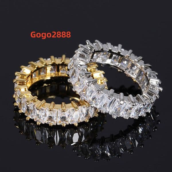 Hifive New Brass 18K Gold Plated 6mm Zircon Rings Bling Baguette Diamond Ring Jewelry Women Men Wedding Rings