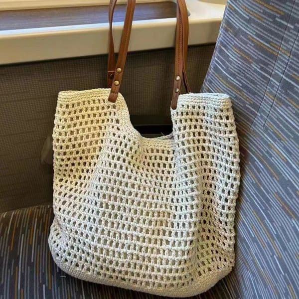 Casual Large-capacity Shopping Bag Single-shoulder Cotton Thread Woven Bag New Hollowed-out Mesh Tote Bag Beach Vacation Womens Bag