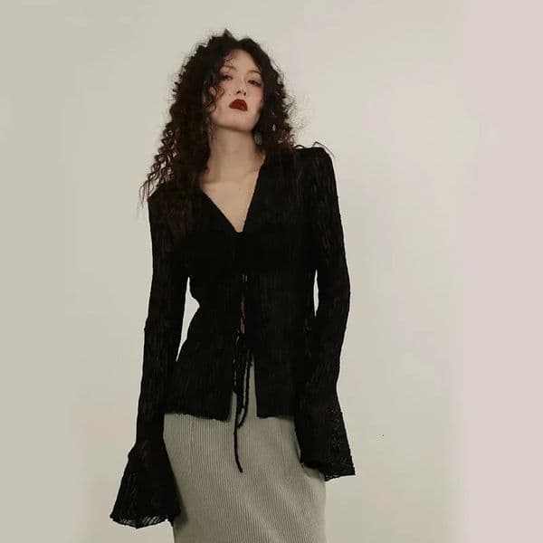 Summer Chiffon Lace Sunscreen Shirt Womens Y2K American Street Clothing Sexy Hollow Long Sleeve Top Womens Full Match Shirt250425BJ