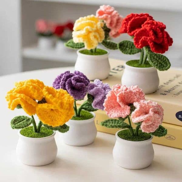 Crochet Carnation Potted Mothers Day Gift Homemade Kintted Flower Finished Kintting Plant Office Desktop Ornaments Car Decor X250508