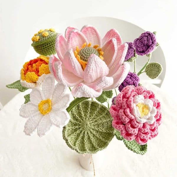 Lotus Peony Artificial Flower Bouquet Home Desktop Decoration Exquisite Knitting Finished Gift Crochet Flower X250508
