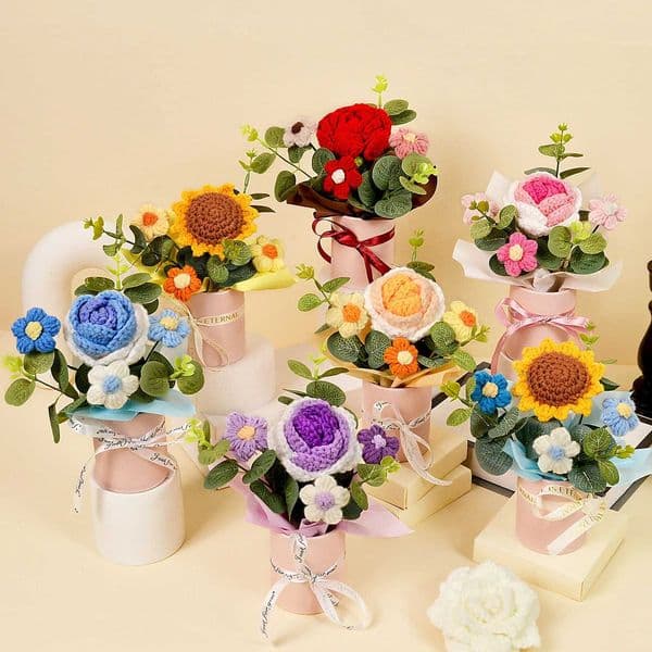 1PC Handmade Crochet Flower Bouquets Crochet Knitted Fabric Rose Sunflower Bouquet - Home Decor Gift for Woman Wife Mom X250508