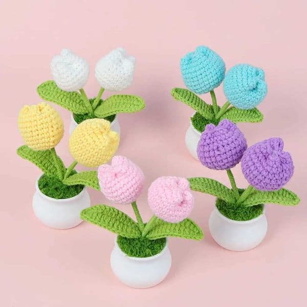 Crochet Tulips Flower Potted Creative Handmade Tulip Flowers Finished Kintted Plant Tulips Tejidos A Crochet Car Desktop Deco X2505081