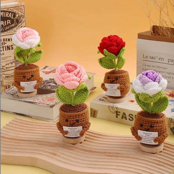 Handmade Crochet Rose Flowers With Positive Card Sunflowers Crochet Flower Positive Emotional Support Knitted Flowers Room Decor X250508