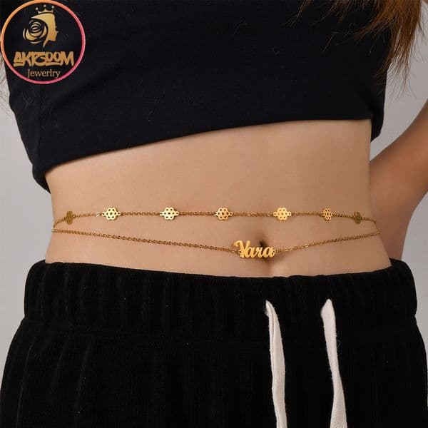 Custom Name Two-layer Waist Chain Zircon Stone Heart Stainless Steel Personalized Belly Chain for Women Sexy Body Jewelry Gift 250509