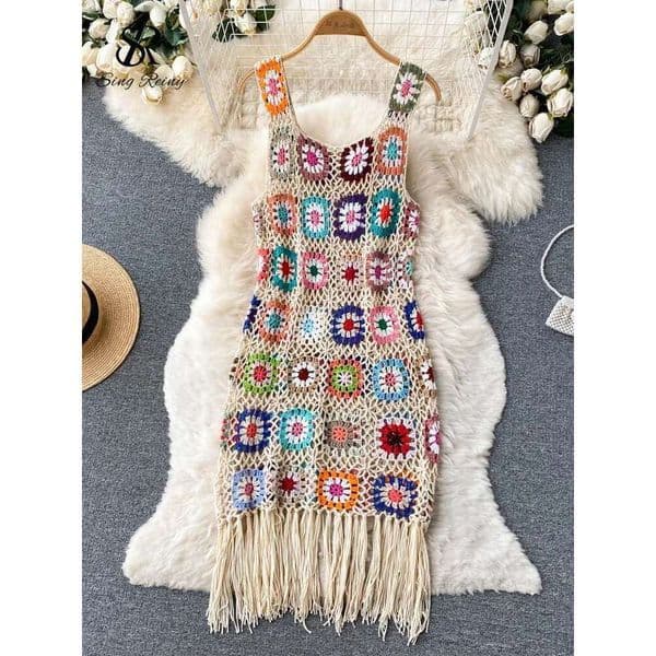 Sunmmer Knitted Hook Flower Hollow Out Tassel Women Slim Streetwear Original Design Fashion Vintage Dress