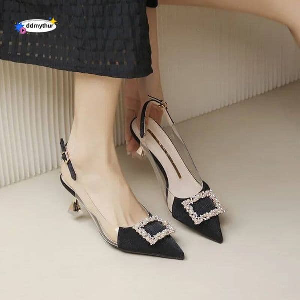 Women's Sandals 2024 Summer New Style Fashion Shoes Black Satin Crystal Strass Pointy Toe Transparent High Heels ddmythur