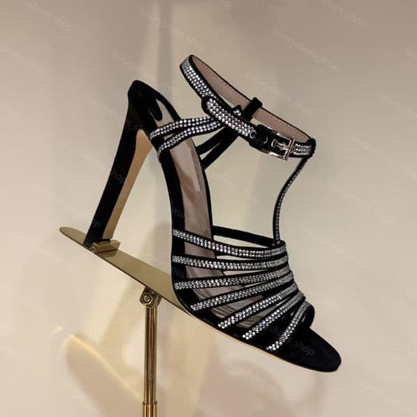 summer Women Sandals Jerry Suede and Crystal Strappy Sandals Chunky Heel Evening Square toe shoes 105cm Womens heeled Dress shoes size 35-42 S260514