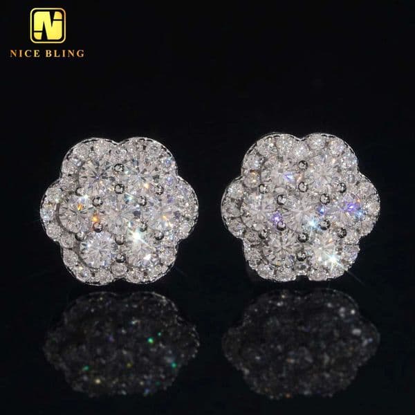 Trendy Flower 10MM Moissanite Dia Ear Studs for Men Women Hip Hop Jewelry Fine Earrings 10K Solid Gold