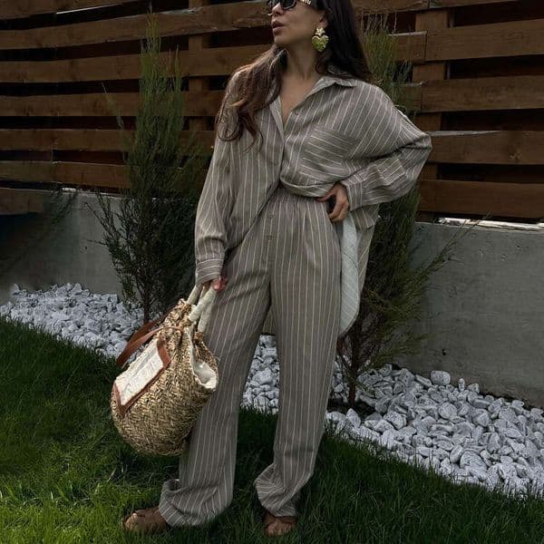Women's Spring and Autumn New Fashion Stripe Loose Long Sleeve Shirt Wide Leg Pants Two Piece Set