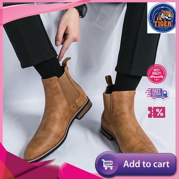 ddmytiger Solid For Men Color Slip On Ankle Boots Flat Short Toed Pointy High Top Pu Leather Shoes Outdoor Shoes
