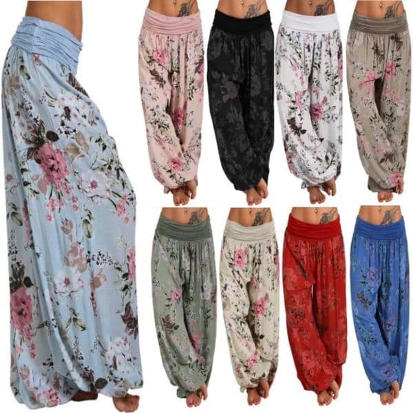 European and American womens long sleeved harem pants with digital printing wide leg casual plus size 250506