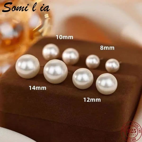 Somilia- Wholesale 8-14mm High Quality Japan Style Round White Pearl and 925 Sterling Silver Stud Earrings for Women One pair 250512