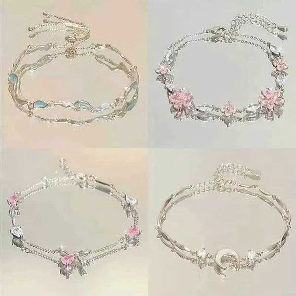 Fashion Y2K Pink Crystal Flowers Sukura Bracelet Women Sweet Girls Shiny Zircon Bow Knot Moon Exquisite Bracelets Jewelry GiftsXJ250513