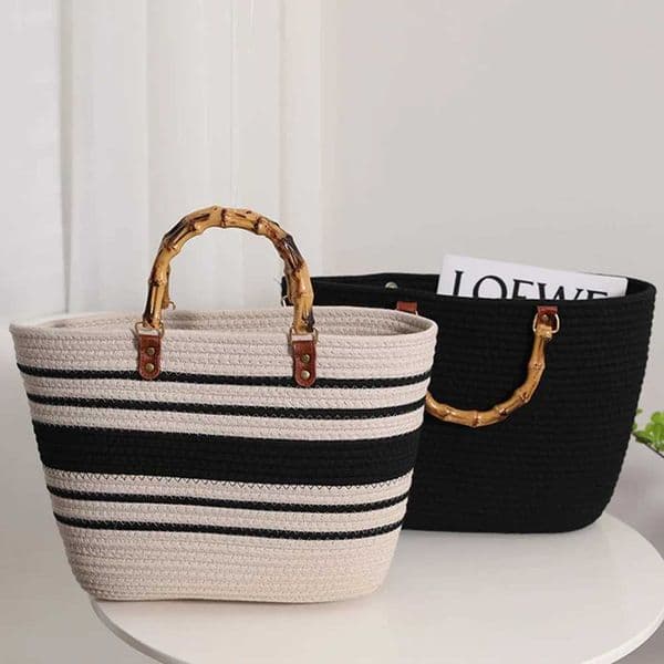 Womens Woven Tote Bamboo Handle Shopping Tote Bag Large Capacity Striped Handbag Casual Fi Exquisite Cluh Beach Bag 2023XJ250513