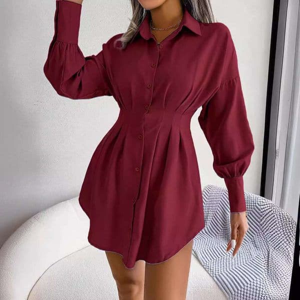 Ins style real-life photos of spring and summer lantern sleeves, waist cinched asymmetrical dress, shirt skirt, women's clothing, 2025 new casual versatile