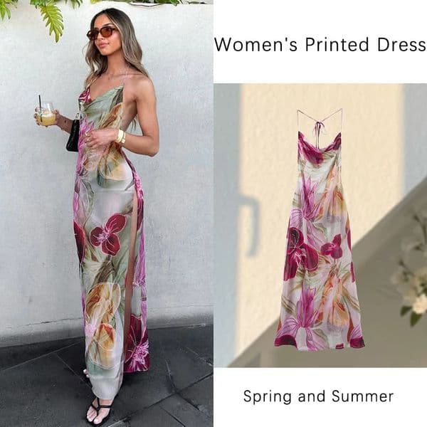 Floral Printed Suspender Dress Sexy Backless Womens Halter Dresses High Waist Split Maxi Fashion Robe Summer 250513