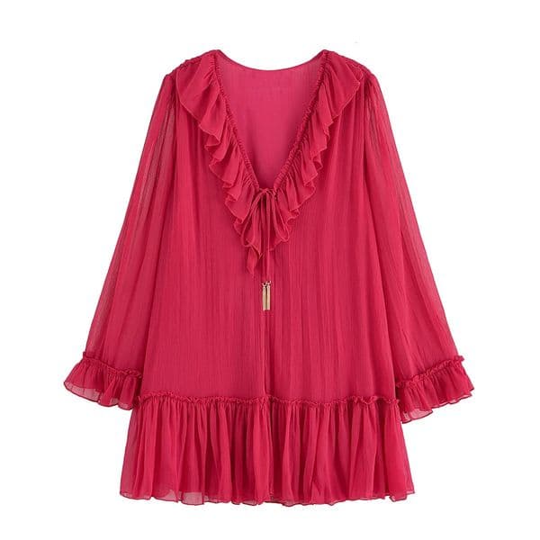 UNIZERA womens fashionable solid color pleated effect long sleeved temperament summer dress 250513