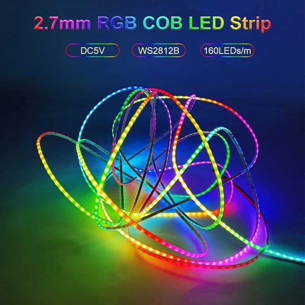 WS2812B Ultra Narrow 2.7mm COB LED Strip Individually Addressable Flexible RGBIC Colorful Pixel Light 160Leds/M White PCB DC5V Z250514