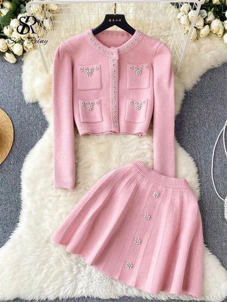 SINGREINY Japan Style Pearls Knit Suits Hidden Breasted Pockets CardiganMini Pleated A Line Skirt Women Sweet Streetwear Sets 250514