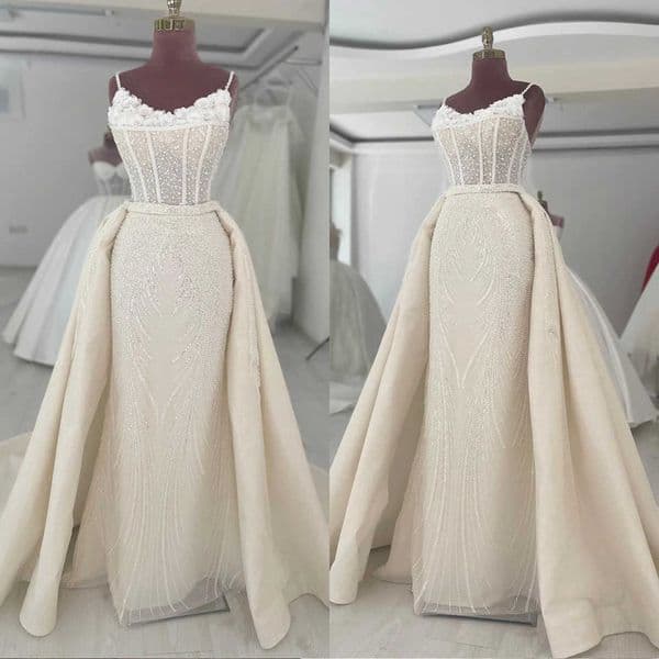 Elegant Mermaid Wedding Dress Spaghetti Straps Sleeveless Bridal Gowns Sequins Pearls Appliques Detachable Train Dresses Custom Made vestidos de novia