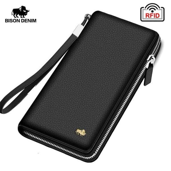BISON DENIM Brand Genuine Leather RFID Blocking Clutch Bag Wallet Card Holder Coin Purse Zipper Male Long Wallets N8195