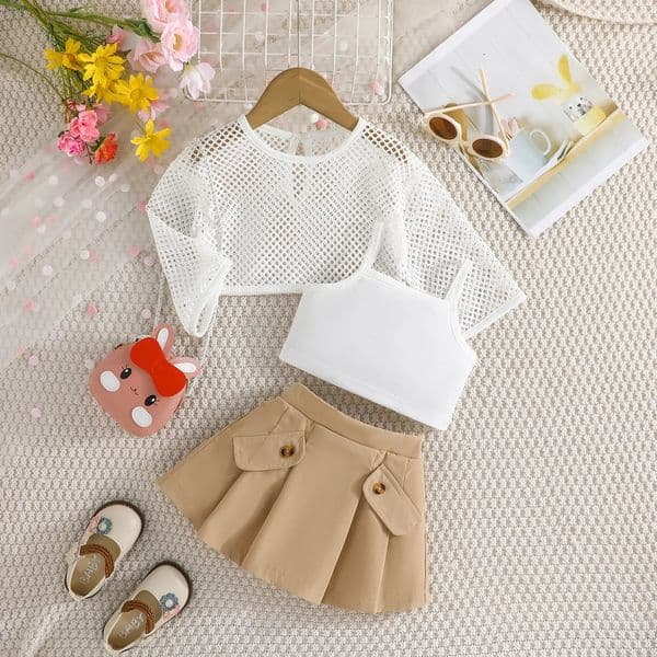 Fashion Hollow Top Vest and Pleated Skirt Summer Outfit Toddler Infant Fashion Clothing Formal Suit For Kids Girl 250515