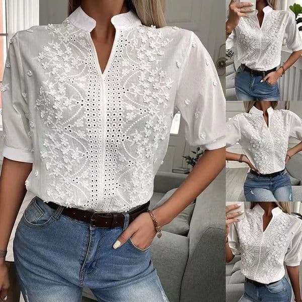 Summer Elegant Short Sleeve White Shirt Vintage Tops Crochet Hollow Blouses For Women Fashion Cotton Female Clothing 250515BJ