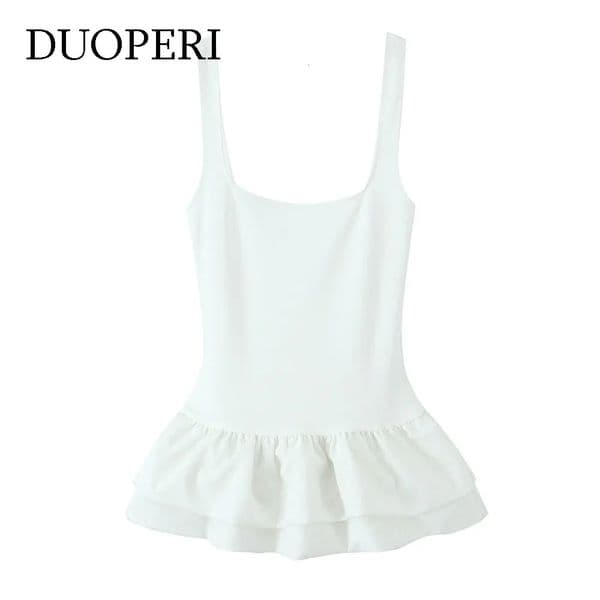 DUOPERI Women Fashion Summer White Ruffled Pleated Backless Tops Straps Square Collar Elegance Chic Lady Camisole 250515