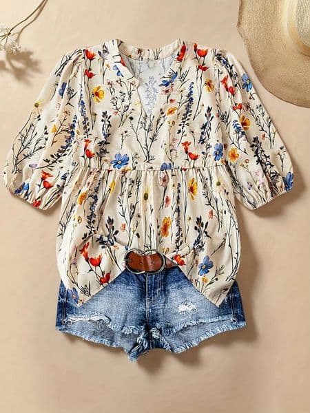 Summer Womens Printed V Neck Puff Sleeve Casual Shirt Exquisite and Elegant Fashionable Print Suitable for Everyday Wear 250515