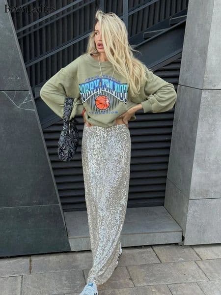 Bornladies Elegant Silk Sequins Women Skirt Dropped Waist Long Skirts Streetwear Classic Fashion Female Clothing 250515