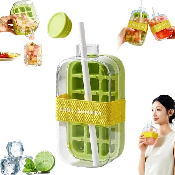 2 in 1 TouchFree Ice Cube Tray Water Bottle Sippy Cup Press Deicing With Lid Capacity lattice Mold Outdoor Drink Container 250515BJ