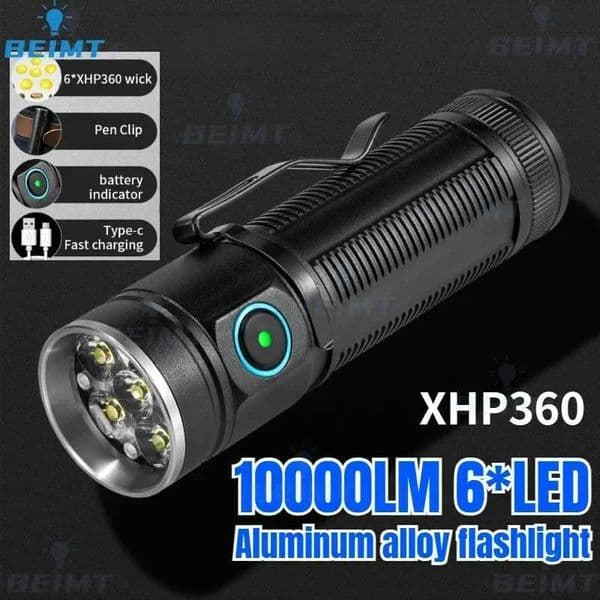 XHP360*6 LED 10000LM EDC Flashlights Portable Rechargeable Torch Outdoor IPX65 Waterproof Hiking Camping Emergency Work Light Z250514