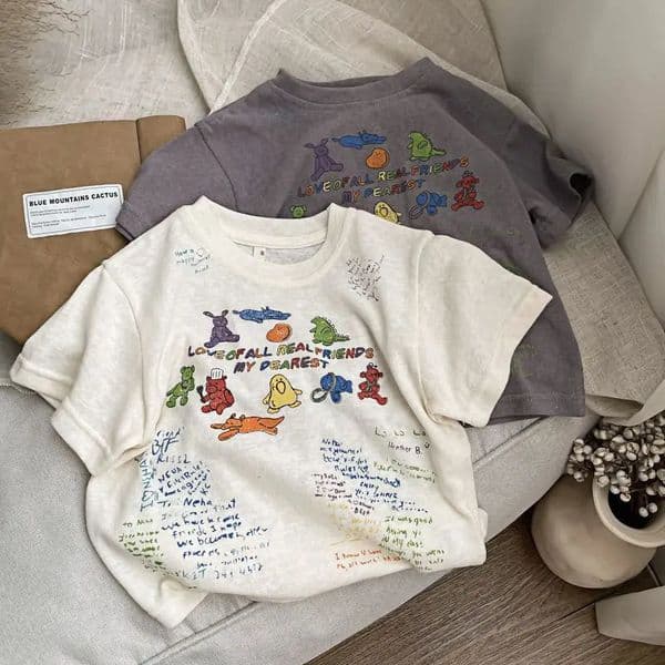 Korean Summer Baby Boy Shirt Pure Cotton Contrat Animal Letter Short Sleeve Kid Boy Tees Soft Round Collar Little Boy Undershirt 250515