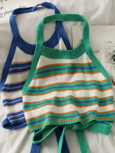 HELIAR Top Women Stripes Crop Tops Knitted Halter Y2K Backless Bandage Round Neck Strappy Sexy Summer 250515BJ