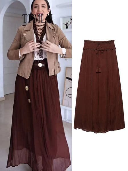 TFMLN Elastic Waist Long Skirts For Women Tassel Lace Up Decoration Midi Skirt Woman Vacation Loose Womans 250515BJ